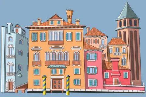 Color drawing of old multi-colored traditional Venetian houses and a jetty .. Stock Illustration