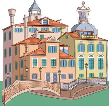 Color drawing of old multi-colored traditional Venetian houses and a jetty . Stock Illustration