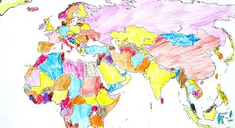 Color drawing world map with colored pencils for children and kids. Stock Illustration