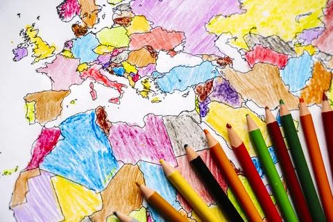 Color drawing world map with colored pencils for children and kids. Stock Photos