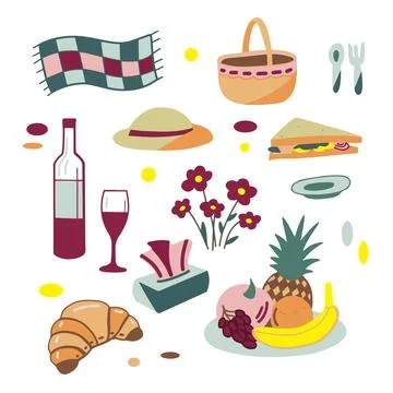 Color drawings, a set of picnic elements a basket, a plaid, fruits, dishes an Stock Illustration