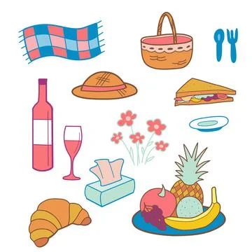 Color drawings, a set of picnic elements a basket, a plaid, fruits, dishes an Stock Illustration