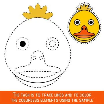 Color Duckling Face. Restore dashed lines. Color the picture elements. Page t 스톡 일러스트