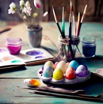 Color easter eggs, paint brushes and jars of paints on the table Stock Illustration