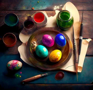 Color easter eggs, paint brushes and jars of paints on the table Stock Illustration
