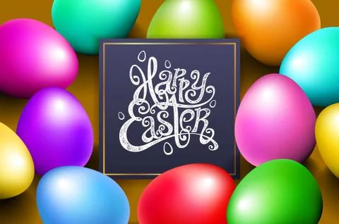 Color eggs happy easter lettering modern calligraphy, vector Stock Illustration