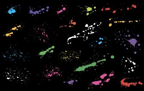 Color elements of paint ink splatter on black background, set. Vector illus.. Stock Illustration