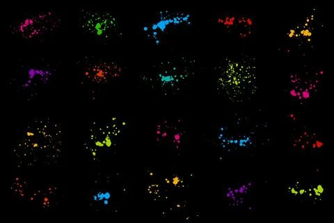 Color elements of paint ink splatter on black background, set. Vector illus.. Stock Illustration