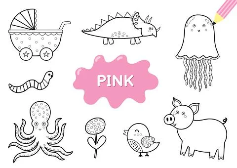 Color the elements in pink. Coloring page for kids. Educational material for Stock Illustration