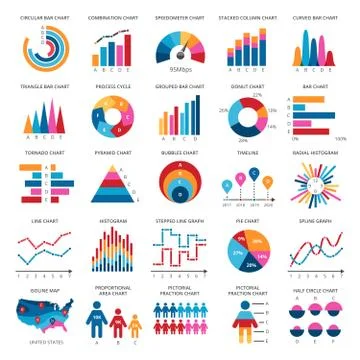 Color finance data chart vector icons. Statistics colorful presentation graphics Illustrazione stock