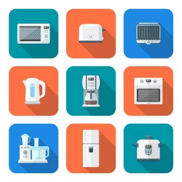 Color flat style various kitchen devices set. Illustrazione stock