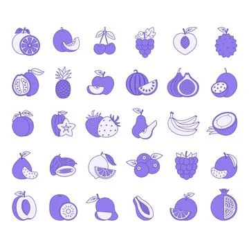 Color Fruit Icon Set. Vector Icons of Apple, Pear, Kiwi, Watermelon, Orange.. Stock Illustration