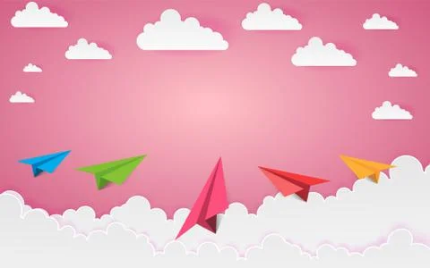 Color full Paper rocket Plan in pink sky Paper art Style background ,vect Stock Illustration