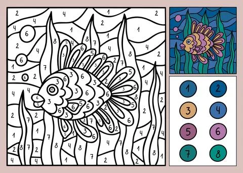 Color game. Spring activity worksheet. Kawaii children sea fish. Coloring puz Stock Illustration