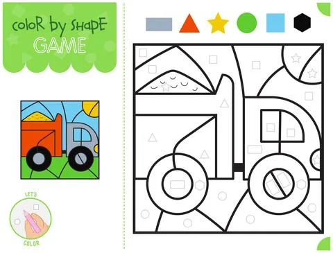 Color by geometric shape, educational game for kids, cartoon style truck Stockillustratie