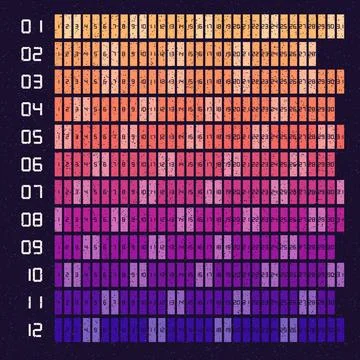 Color gradient swatch chart with numbered rows and sequential shades Stock Illustration
