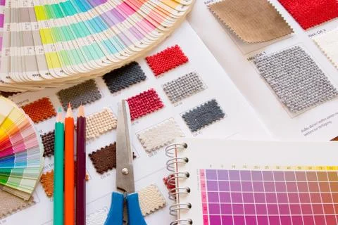 Color guide spectrum swatch samples rainbow with textile muster Stock Photos