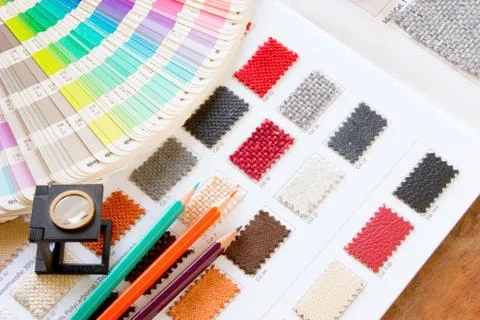 Color guide spectrum swatch samples rainbow with textile muster Stock Photos