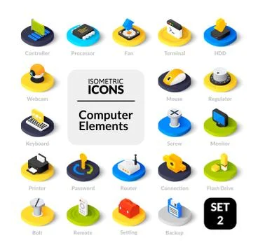 Color icons set in flat isometric illustration style, vector collection Stock Illustration