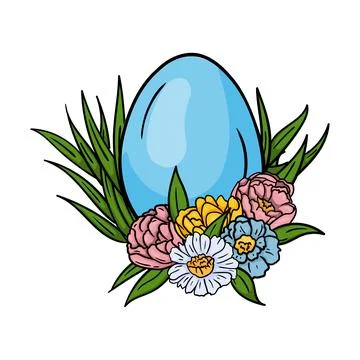 Color illustration of a Easter egg, grass, flowers Stock Illustration