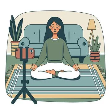 A color illustration in a flat vector style. A woman practices yoga while s.. Stock Illustration
