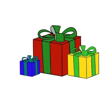 Color illustration of three boxes in red, blue and yellow with a bow Illustrazione stock