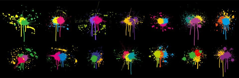 Color  ink splashes with drips and drops on black background.  Vector illus.. Stock Illustration