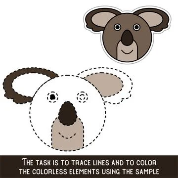 Color Koala Face. Restore dashed lines. Color the picture elements. Page to b Stock Illustration