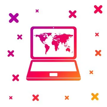 Color Laptop with world map on screen icon isolated on white background. World Illustrazione stock
