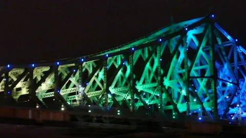 Color lights on bridge at night Stock Footage 139664265