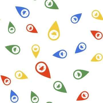 Color Map pointer with hot coffee cup icon isolated seamless pattern on white Illustrazione stock