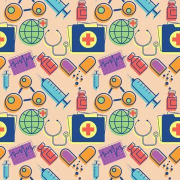 Color medical pattern with elements of molecular mesh, globe, folder with docs Stock Illustration