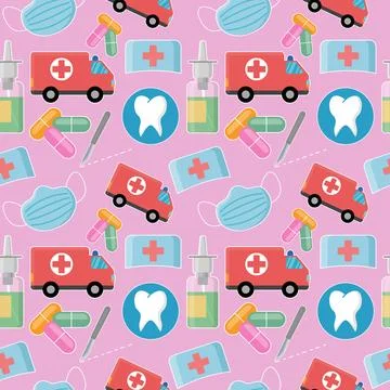 Color medical pattern with elements of pills, ambulance, scalpel, nose spray 스톡 일러스트