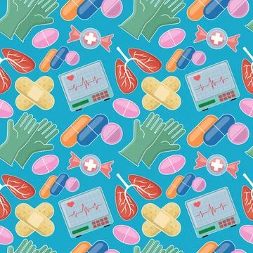 Color medical pattern with elements of pills, patches, candy, medical gloves イラスト素材
