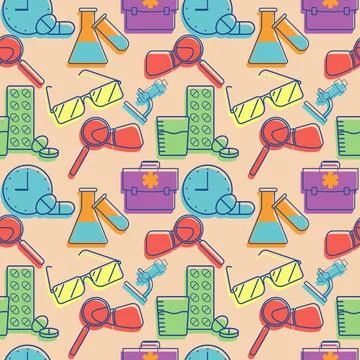 Color medical pattern with elements of pills, lab glasses, doctors bag, glasses Illustrazione stock