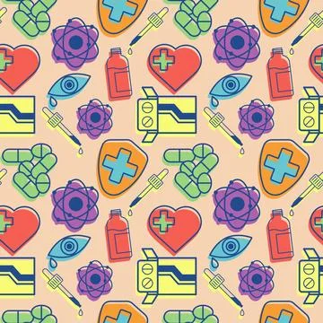 Color medical pattern with elements of pills, pipette, shield, heart and atomic Stock Illustration