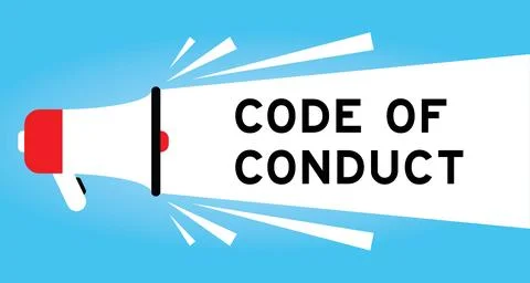 Color megaphone icon with word code of conduct in white banner on blue back.. Stock Illustration