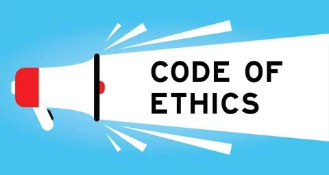 Color megaphone icon with word code of ethics in white banner on blue backg.. Stock-Illustration