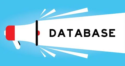Color megaphone icon with word database in white banner on blue background Stock Illustration
