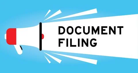 Color megaphone icon with word document filing in white banner on blue back.. Stock Illustration