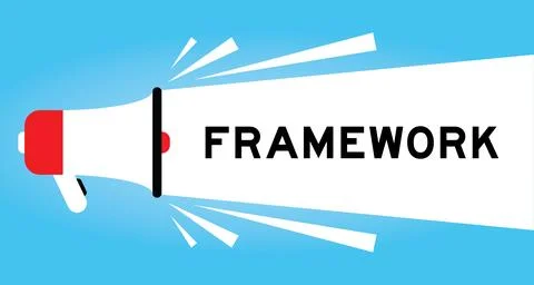 Color megaphone icon with word framework in white banner on blue background Stock Illustration