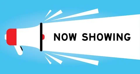 Color megaphone icon with word now showing in white banner on blue background Stock Illustration