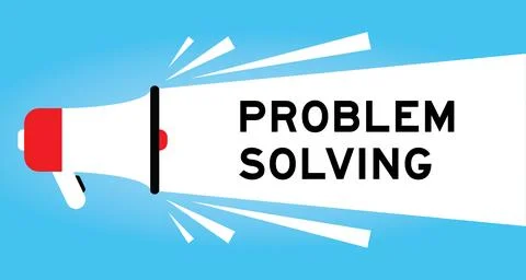 Color megaphone icon with word problem solving in white banner on blue back.. Illustrazione stock