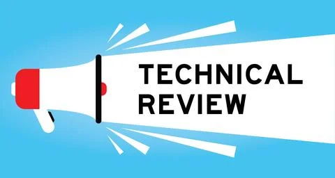 Color megaphone icon with word technical review in white banner on blue bac.. Illustrazione stock