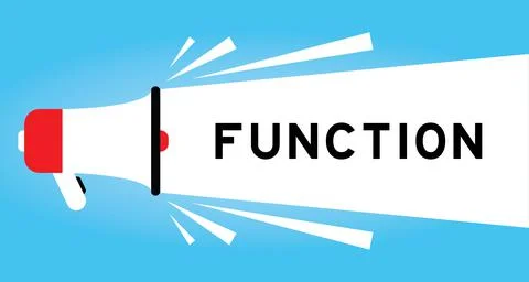 Color megphone icon with word function in white banner on blue background Stock Illustration