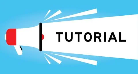 Color megphone icon with word tutorial in white banner on blue background Stock Illustration