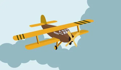 Color model of an old plane flying in the sky through the clouds. Vector illu Stock Illustration