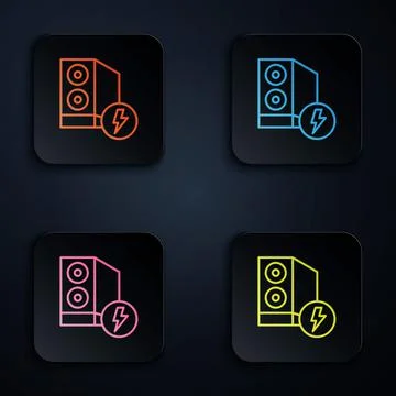 Color neon line Case of computer icon isolated on black background. Computer 스톡 일러스트