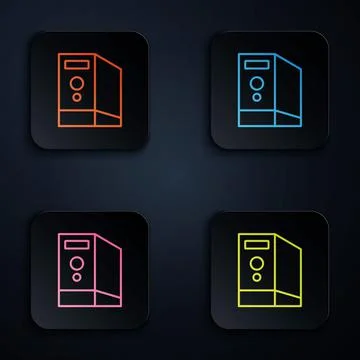 Color neon line Case of computer icon isolated on black background. Computer  Stock Illustration