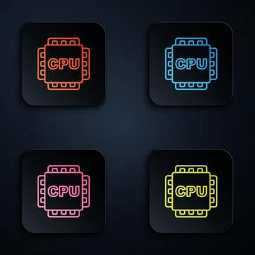 Color neon line Computer processor with microcircuits CPU icon isolated on black Illustrazione stock